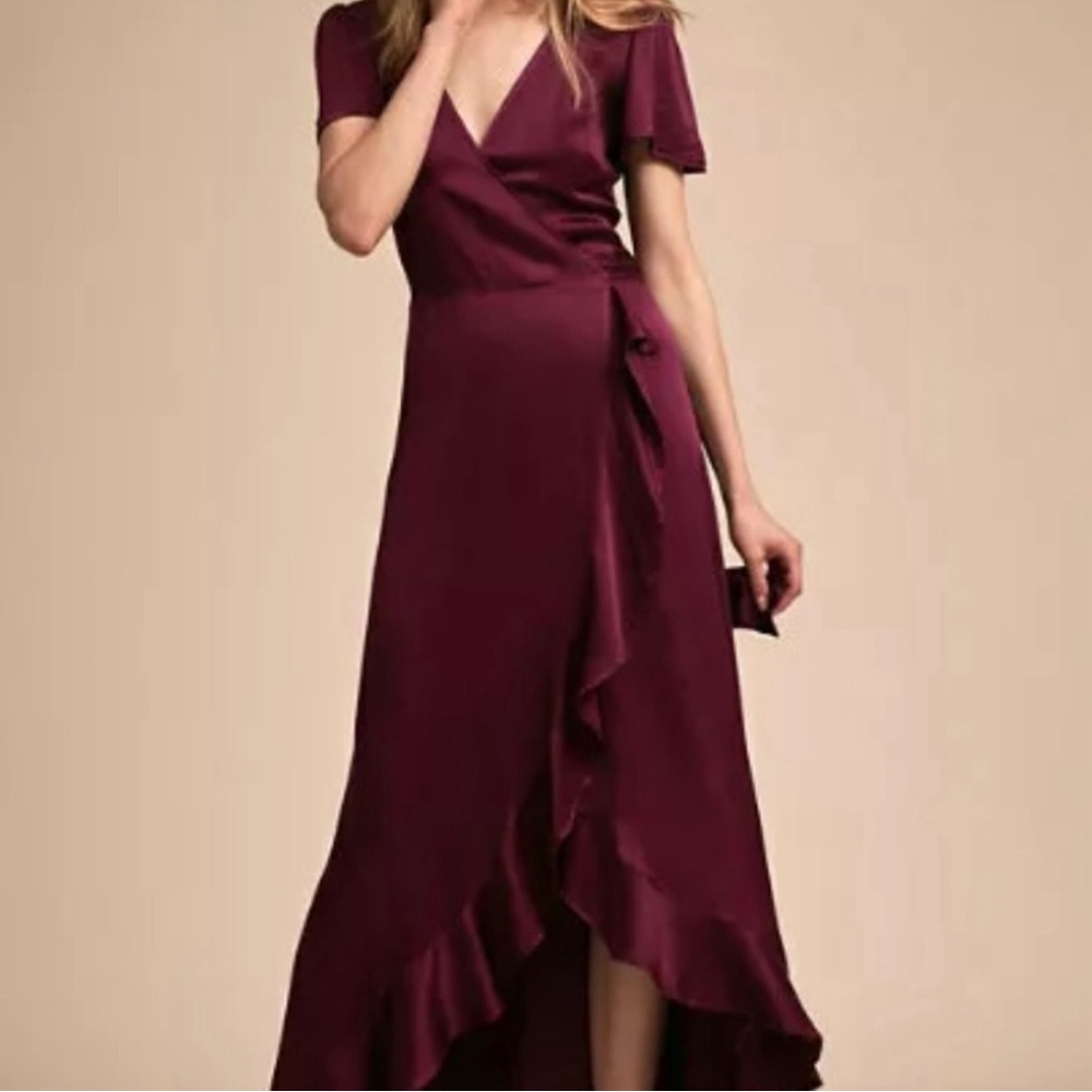 BHLDN Wine-Red Satin Wrap Maxi Dress with Ruffle Trim